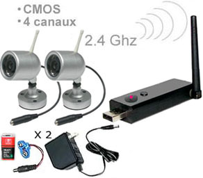 Kit 2 camras couleur sans fil - CMOS 1/3 - 380 lignes TV - 2.4Ghz - IR + Mini rcepteur DVR USB