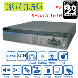 Enregistreur DVR en temps rel- H.264 - 8 cannaux - jusqu 8 x HDD SATA - D1/HD1/CIF - Double flux - avec dtection de mouvement - compatible tlphone 3G / 3.5 G - avec tlcommande IR