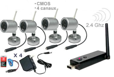 Kit 4 camras couleur sans fil CMOS 1/3 - 380 lignes TV - 2.4Ghz - IR + Mini rcepteur DVR USB