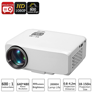 Mini Vidoprojecteur LED - 800x480 Pixel - jusqu 1080p - 800 Lumens - jusqu 150 pouces projection - AV - USB - HDMI - VGA - Carte SD