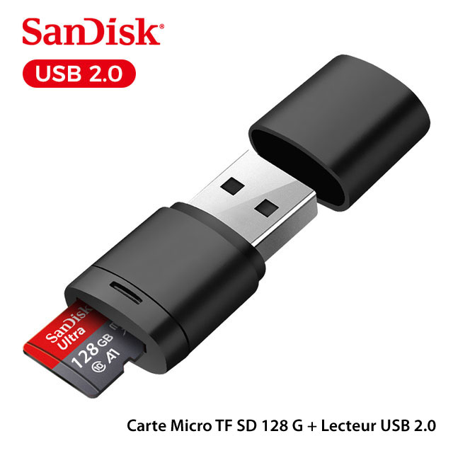 Carte Micro TF SD classe 10 SanDisk 128 G + Lecteur USB 2.0 - originale, carte mémoire pour Smartphone Tablette Caméra Surveillance