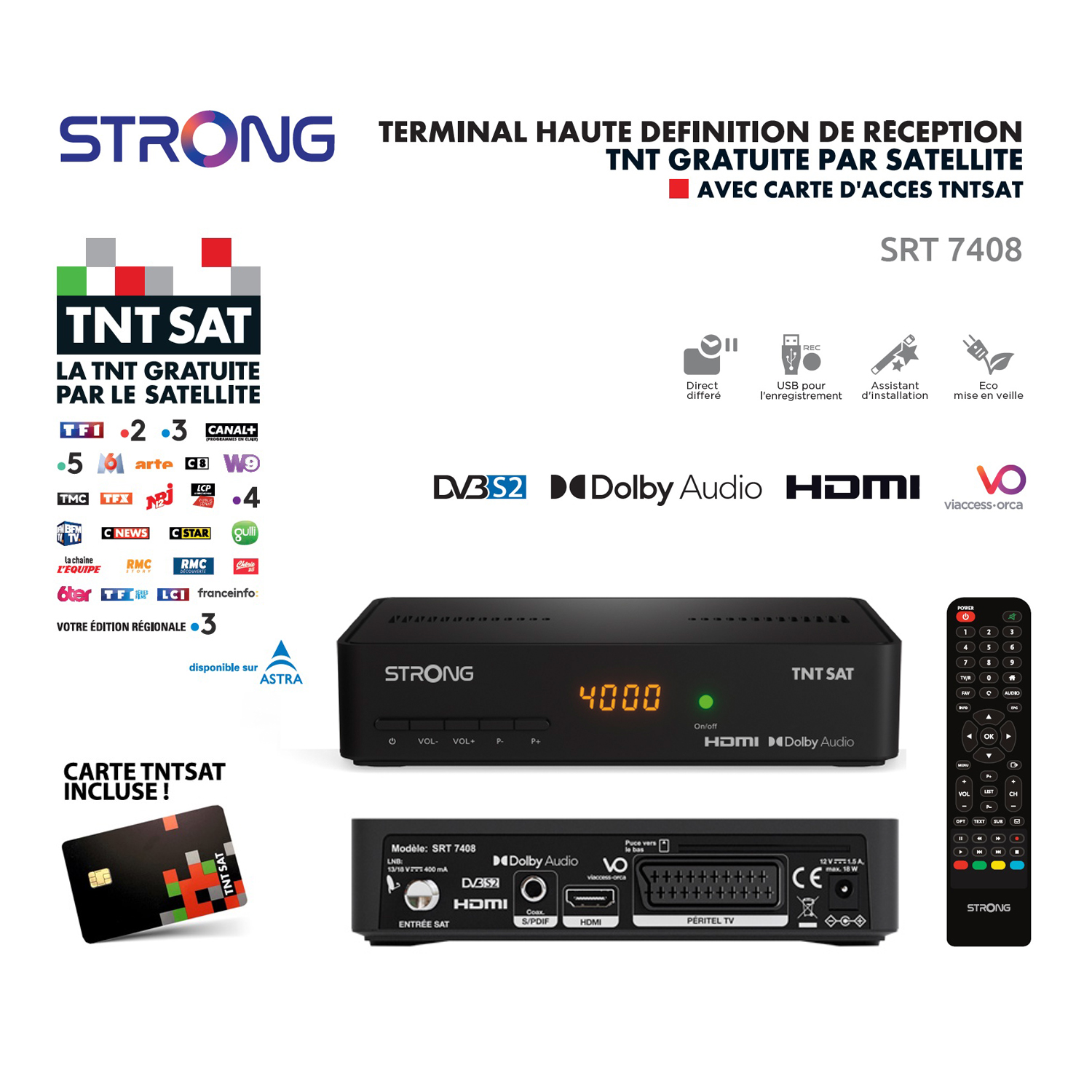 Décodeur Récepteur Satellite HD Strong SRT 7408 TNTSAT - Carte TNTSAT Incluse, Direct Différé, Enregistrement USB, ASTRA 19.2°E, 12V