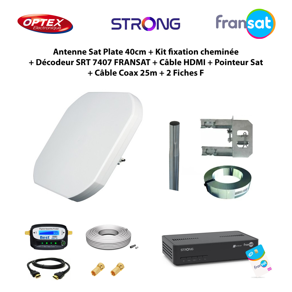 Antenne Sat Plate 40cm + Kit fixation cheminée + Décodeur SRT 7407 FRANSAT + Câble HDMI + Pointeur Sat + Câble Coax 25m + 2 Fiches F