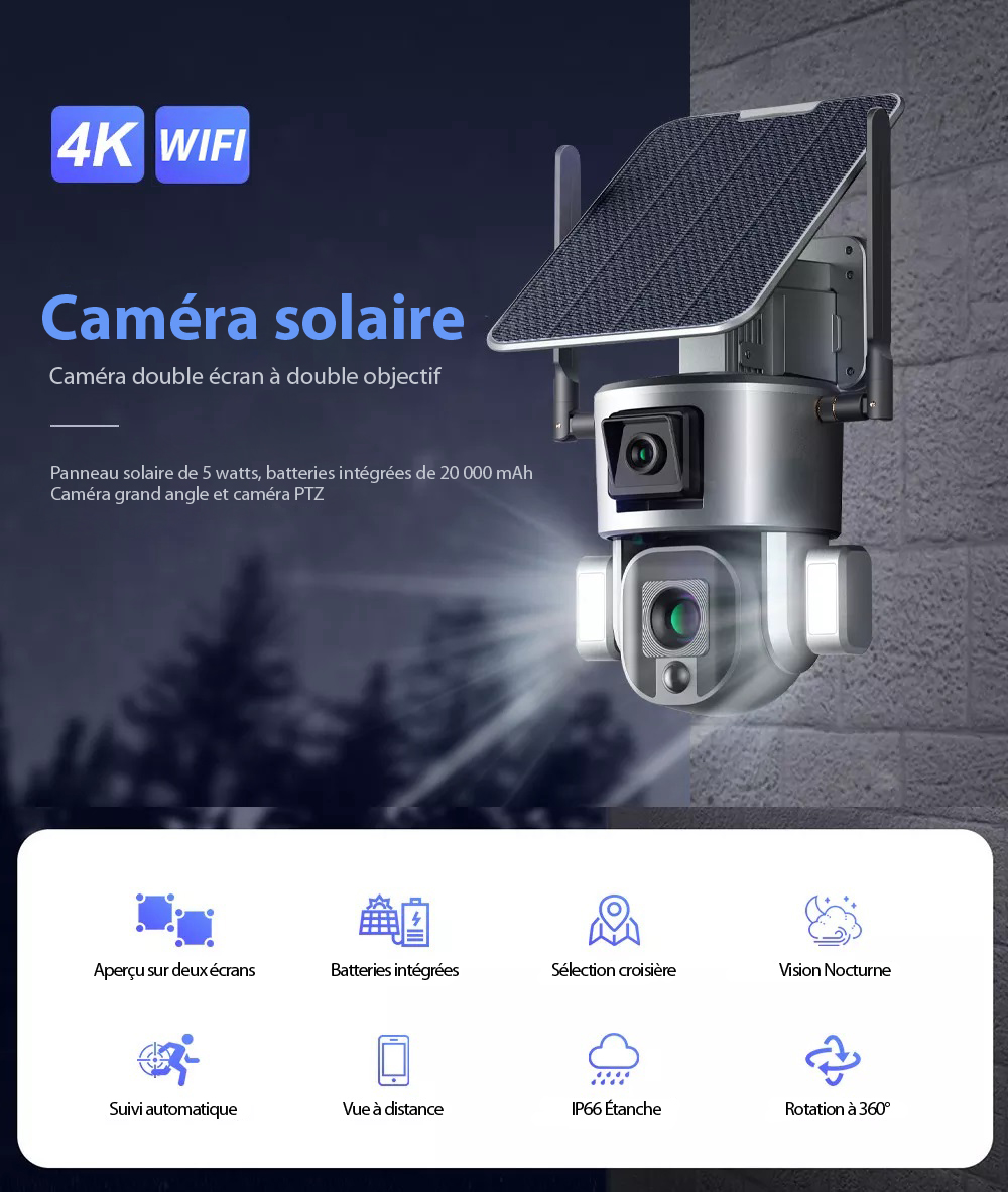 Caméra Surveillance Sécurité Solaire Sans fil Extérieure 4K 8MP WIFI 360° Double Objectif Zoom Optique 10X Détection mouvement