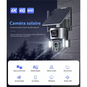 Caméra Surveillance Sécurité Solaire Sans fil Extérieure 4K 8MP 4G WIFI 360° Double Objectif Zoom Optique 10X Détection mouvement