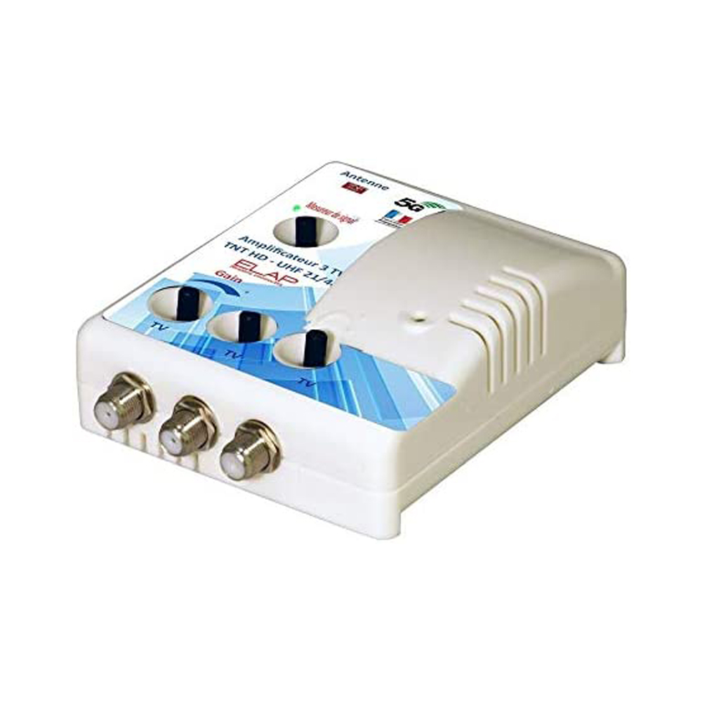 Amplificateur Distributeur d’intérieur 3 sorties TV TNT UHF Elap 372013 - Gain 25dB, Filtre 4G LTE 700 MHz, 5G, 12V, Réglage de gain