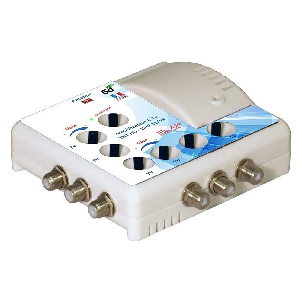 Amplificateur Distributeur d’Intérieur 6 sorties TV TNT UHF Elap 372016 - Gain 21dB, Filtre 4G LTE 700 MHz, 5G, 12V, Réglage de gain
