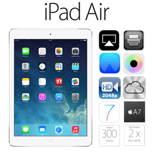 Apple iPad Air Retina - 9.7’’ Capacitif - Wifi + Cellular - HDD 32 Go - Bluetooth - iOS 7 - Argent ou Gris sidéral