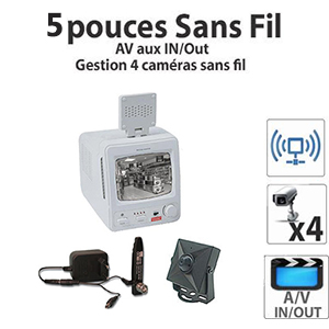 Kit surveillance N/B - caméra miniature Haute qualité sans fil CMOS 1/3" avec emetteur A/V + Moniteur sans fil 5" jusqu’à 4 caméras