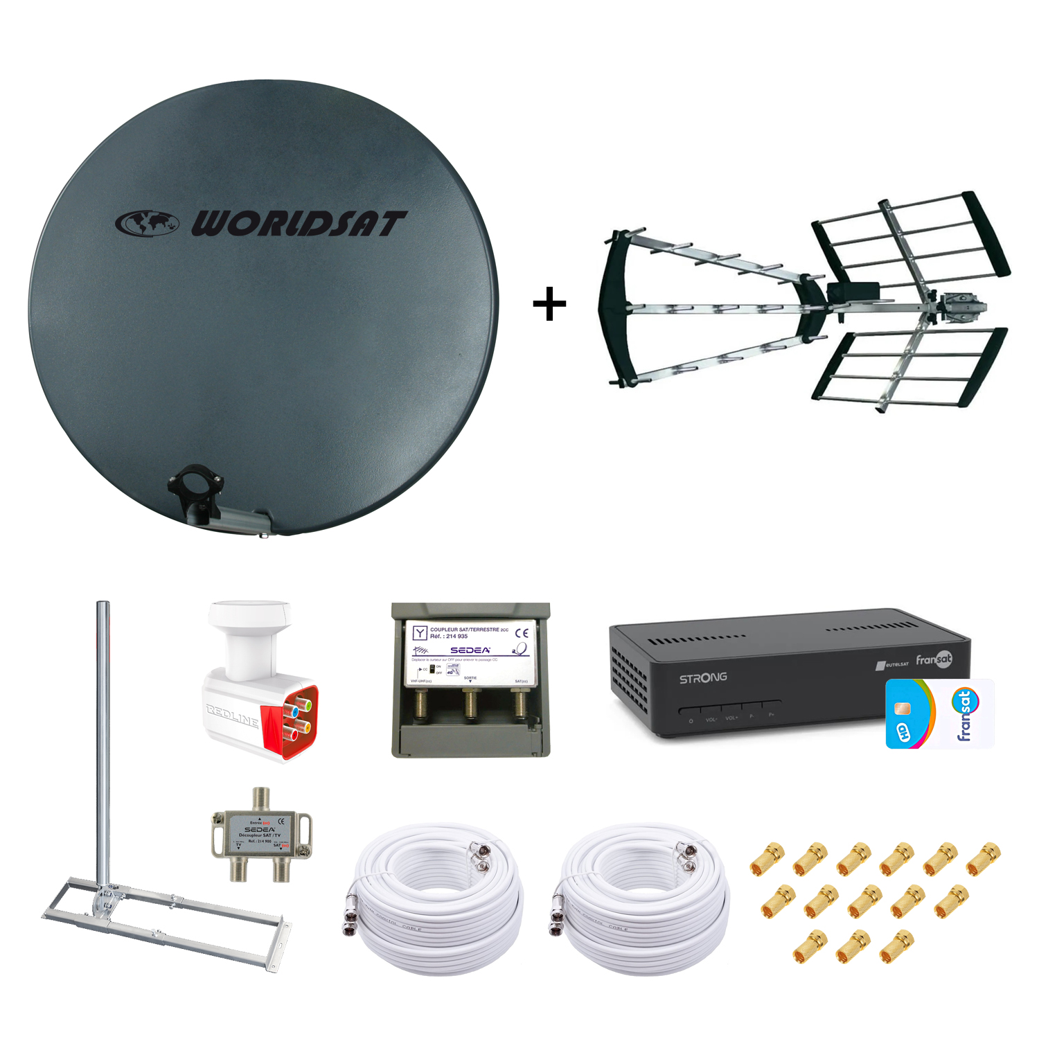 Kit Parabole Fibre 75cm + Antenne TNT + Support Toit + LNB Quad + Coupleur SAT TV + Décodeur Fransat + 2 Câbles Twin 25m + 14 Fiches