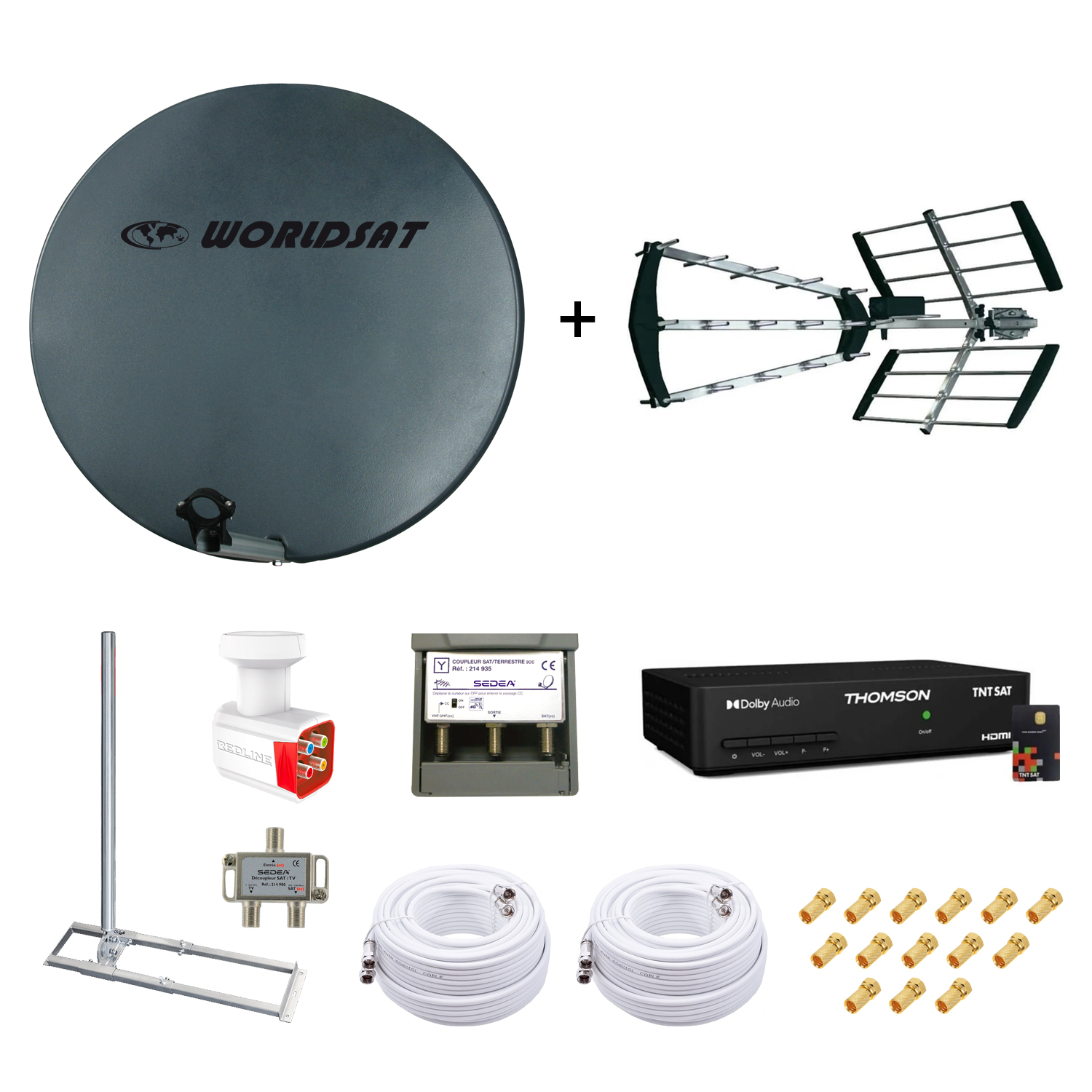 Kit Parabole Fibre 75cm + Antenne TNT + Support Toit + LNB Quad + Coupleur SAT TV + Décodeur TNTSAT + 2 Câbles Twin 25m + 14 Fiches F