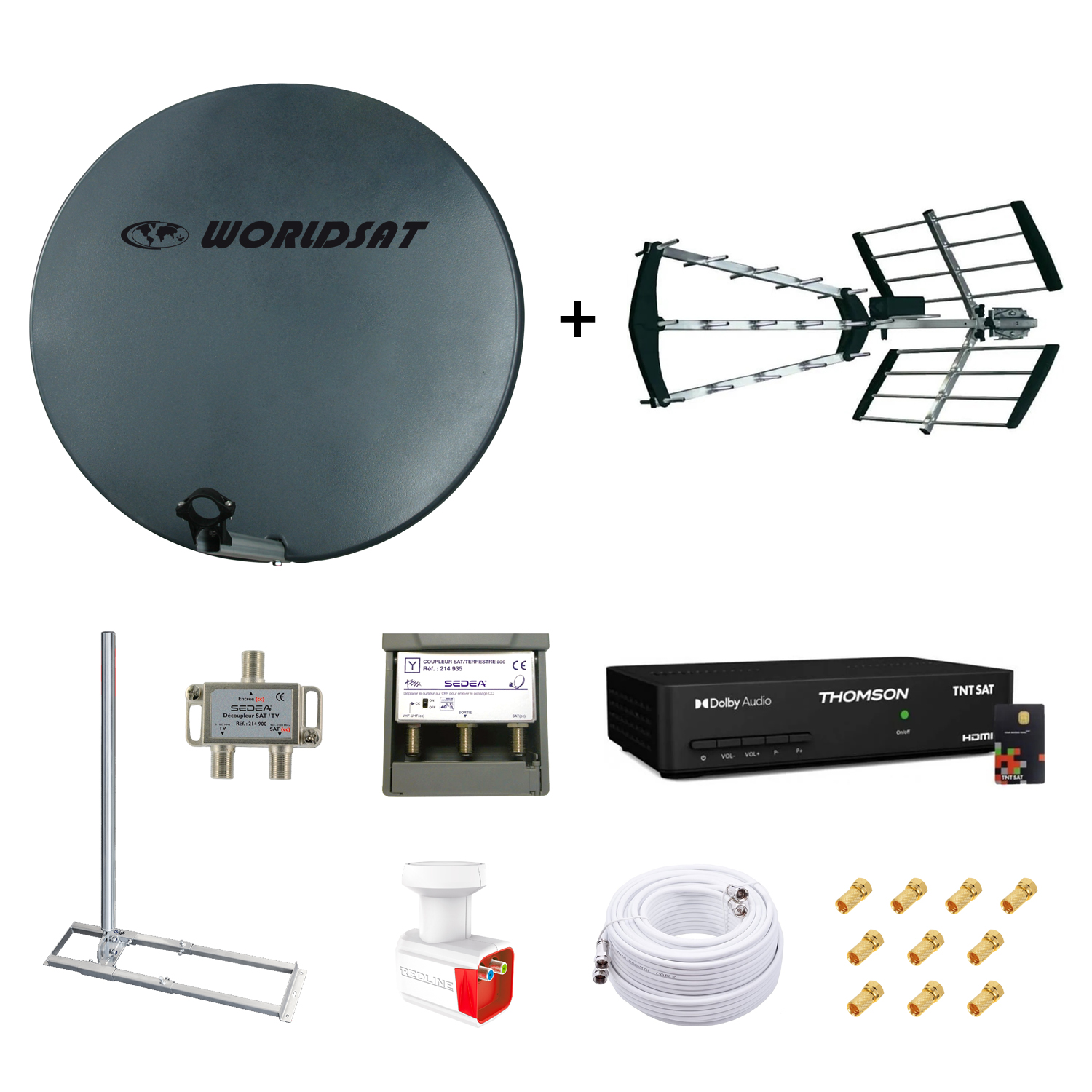 Kit Parabole Fibre 75cm + Antenne TNT + Support Toit + LNB Twin + Coupleur SAT TV + Décodeur TNTSAT + Câble Twin 25m + 10 Fiches F