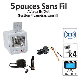 Kit surveillance N/B - Caméra N/B miniature CMOS 1/4" - Angle de vue 92° + Emetteur A/V + Moniteur sans fil 5" jusqu’à 4 caméras