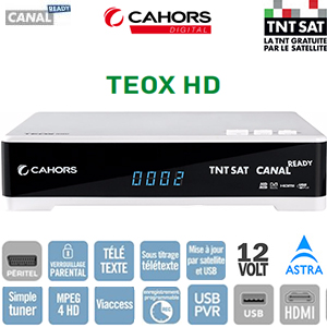 Cahors TEOX HD - Terminal numrique TNTSAT HD - 12 Volts - Dport IR et carte Viaccess TNTSAT (Valable 4 ans) en option -  sur Astra 19.2 + Cordon HDMI offert