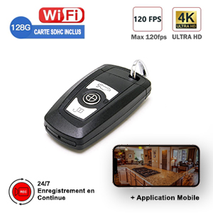 Mini Caméra Cachée Espion Clé de Voiture WIFI Ultra HD 4K 2160p MP4 2h30 Autonomie Angle 90° + Micro SD 128Go + Appli iOS Android