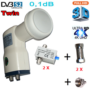 Kit LNB Twin 0,1 dB HDG2-TNM - Compatible HDTV et 3D ready - 40mm + 2 atténuateurs réglables 0-20dB - 2 raccords F mâle/mâle et une charge F 75 Ohms - 1 an garantie