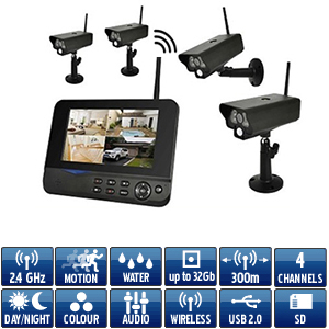 Kit video surveillance sans-fil numérique avec 4 caméras extérieure IP54 - infrarouge - détection de mouvement et récepteur 2.4Ghz écran LCD 7