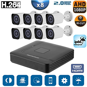 Pack de 8 caméras filaire  1080p étanche IP66 + Enregistreur DVR - 8 canaux - Vision nocturne jusqu’à 20m - H.264 - Angle de vision 75° - HDMI - 5 modes d’enregistrement