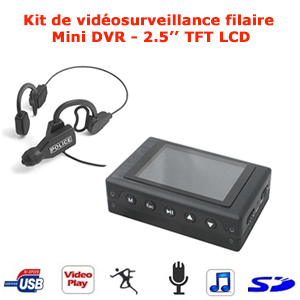 Kit de vidéosurveillance filaire couleur CCD 1/4" type serre tête avec mini DVR portable - écran TFT LCD 2.5" - Mémoire SD jusqu’à 32 Go