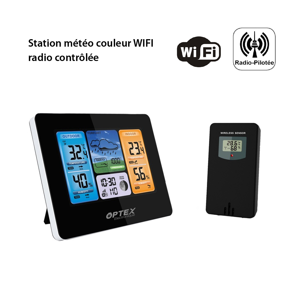 Station mto couleur WIFI radio contrle - Intrieure Extrieure, -40  +70C, Horloge, App, Porte 60m, Sonde extrieure Incluse