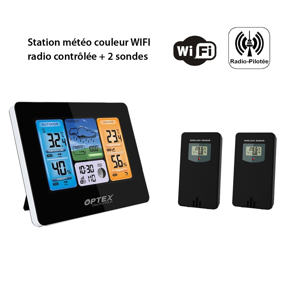 Station mto couleur WIFI radio contrle - Intrieure Extrieure, -40  +70C Horloge App Porte 60m 2 Sondes extrieures Incluses