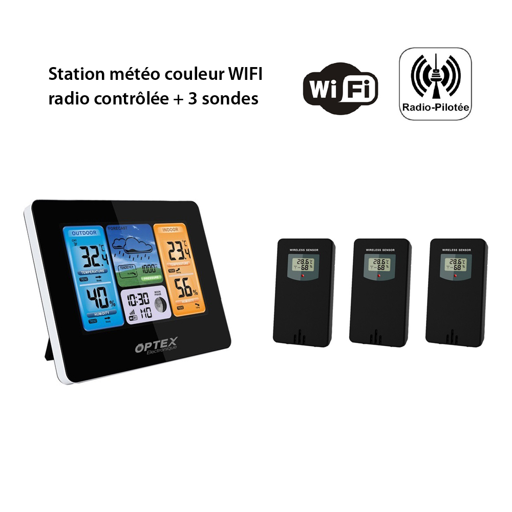 Station mto couleur WIFI radio contrle - Intrieure Extrieure, -40  +70C Horloge App Porte 60m 3 Sondes extrieures Incluses