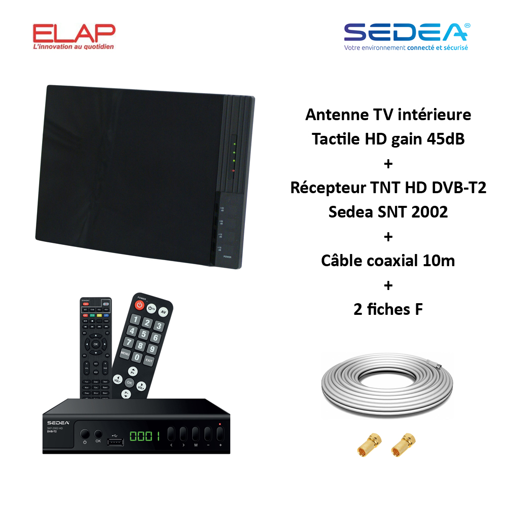 Antenne TV TNT Intrieure Tactile HD VHF UHF, Gain 45dB ELAP + Rcepteur TNT HD DVB-T2 Sedea SNT 2002 + Cable coax 10m + 2 fiches F